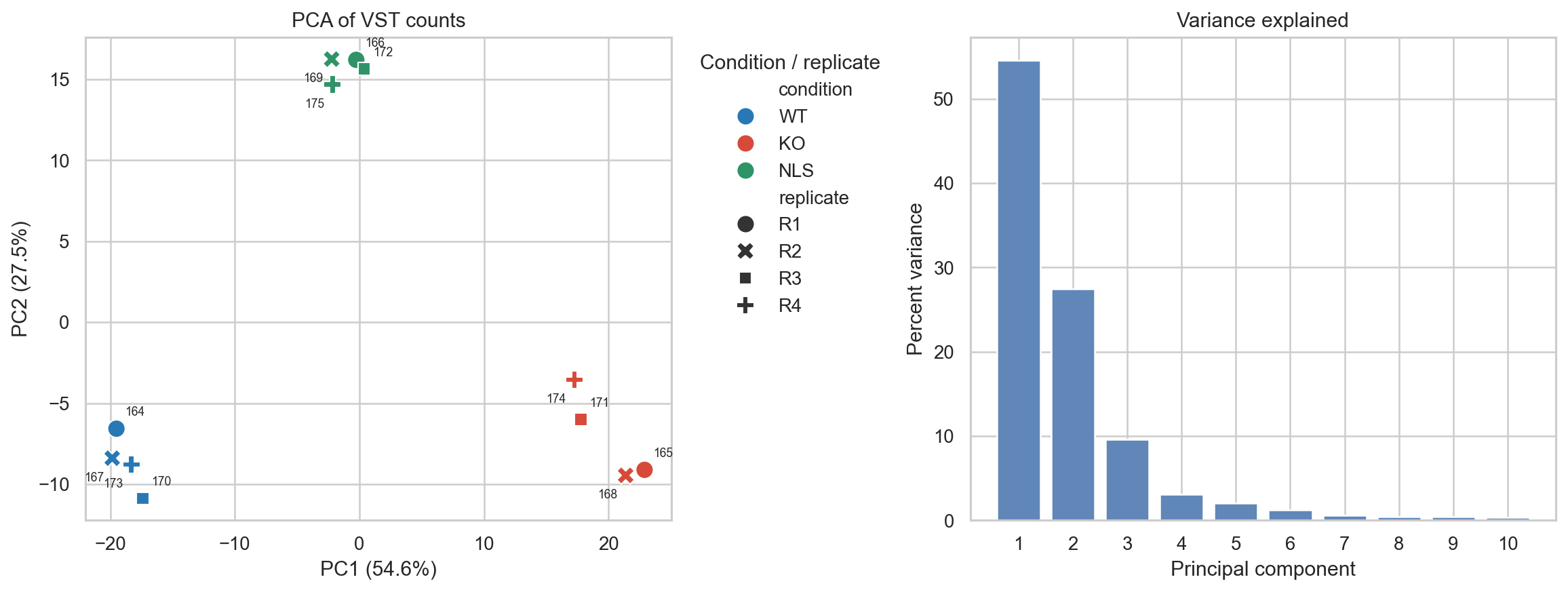 PCA of VST counts with a scree plot of variance explained.