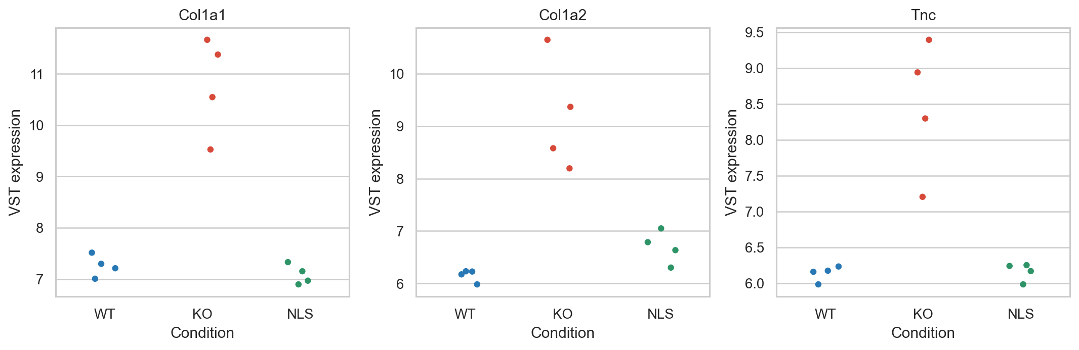 Variance-stabilized expression for selected genes across all samples.